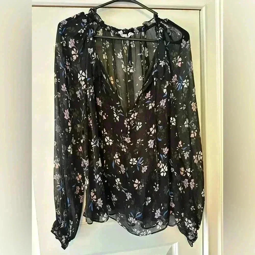 Veronica Beard Antonette Blouse Sz 12 Floral Silk Sheer Top Ruffle Neck Sleeve